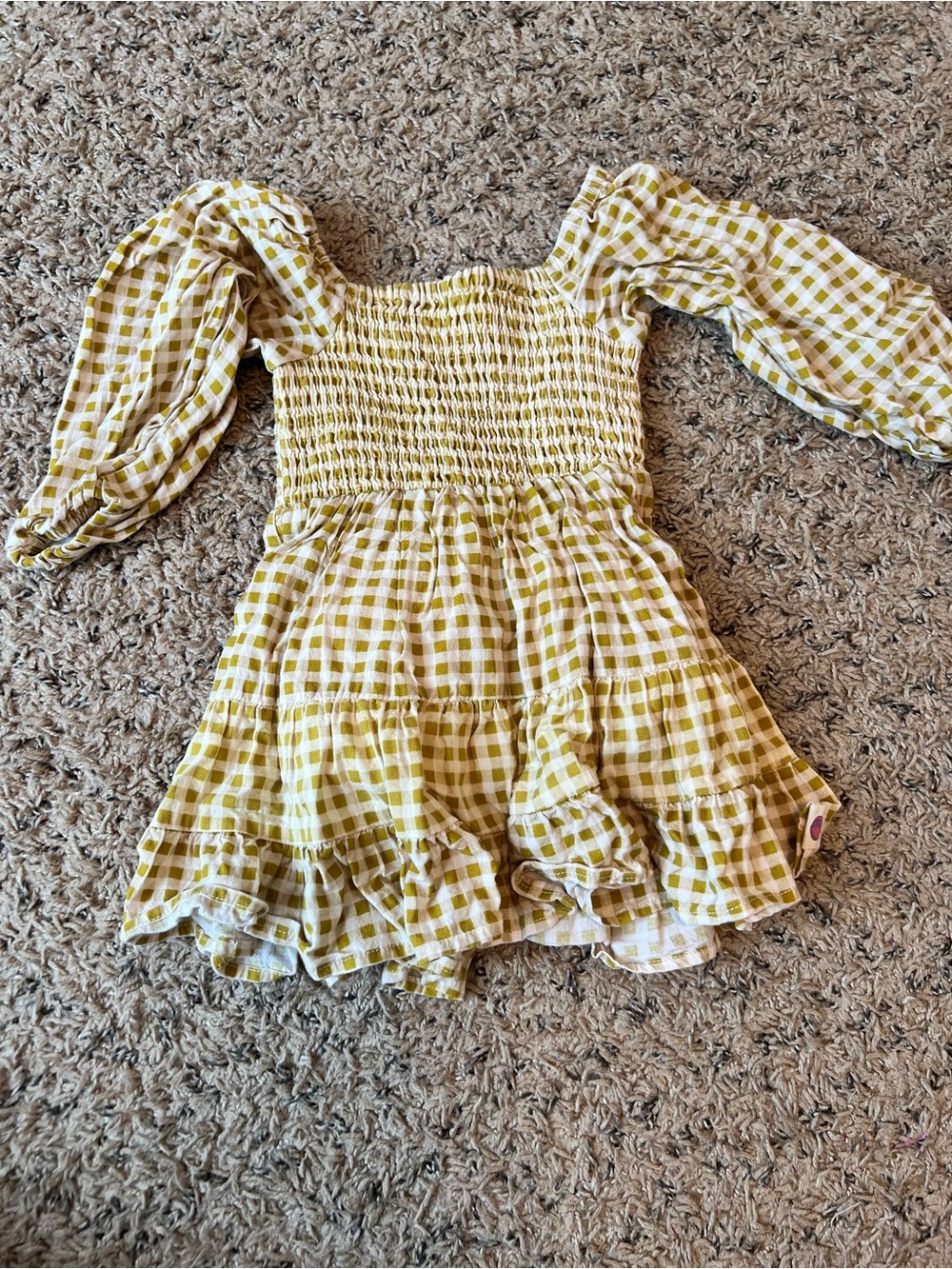 cheeky plum Yellow Gingham Smocked Dress with Puff Sleeves - 18-24 Months